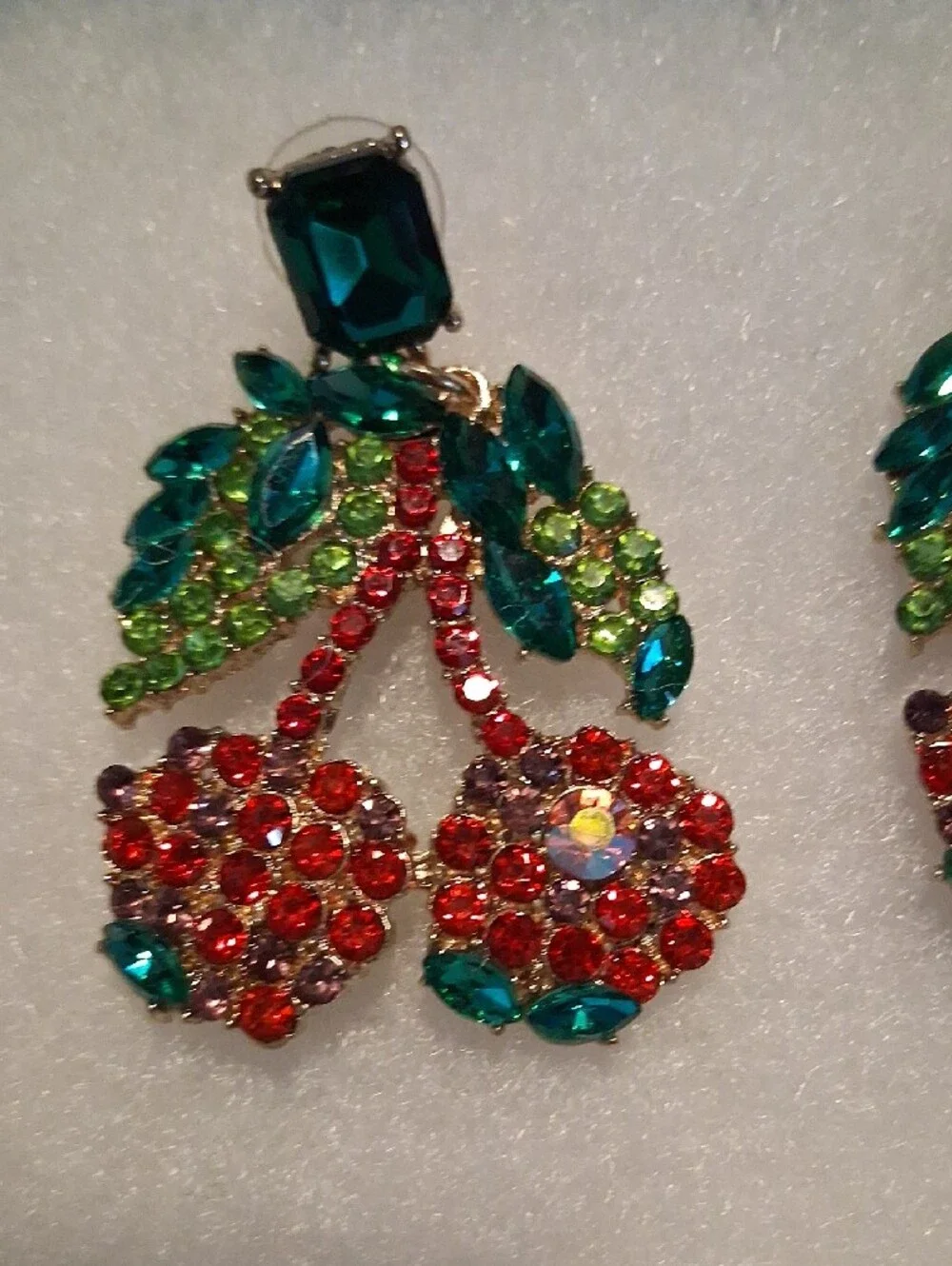 Crystal Cherry Drop Earrings - Red & Green Rhinestones